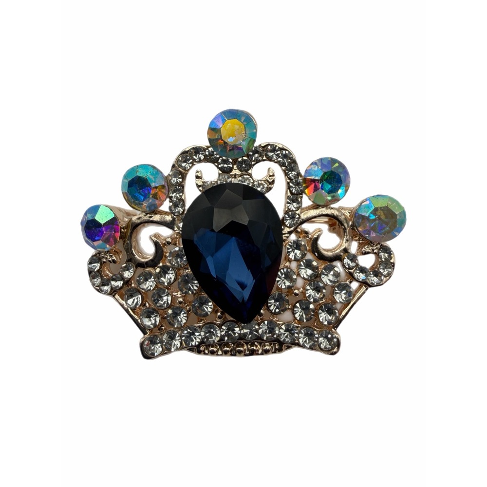 Gold Tone Navy Blue Crystal Crown Brooch Iridescent AB Rhinestone Tiara